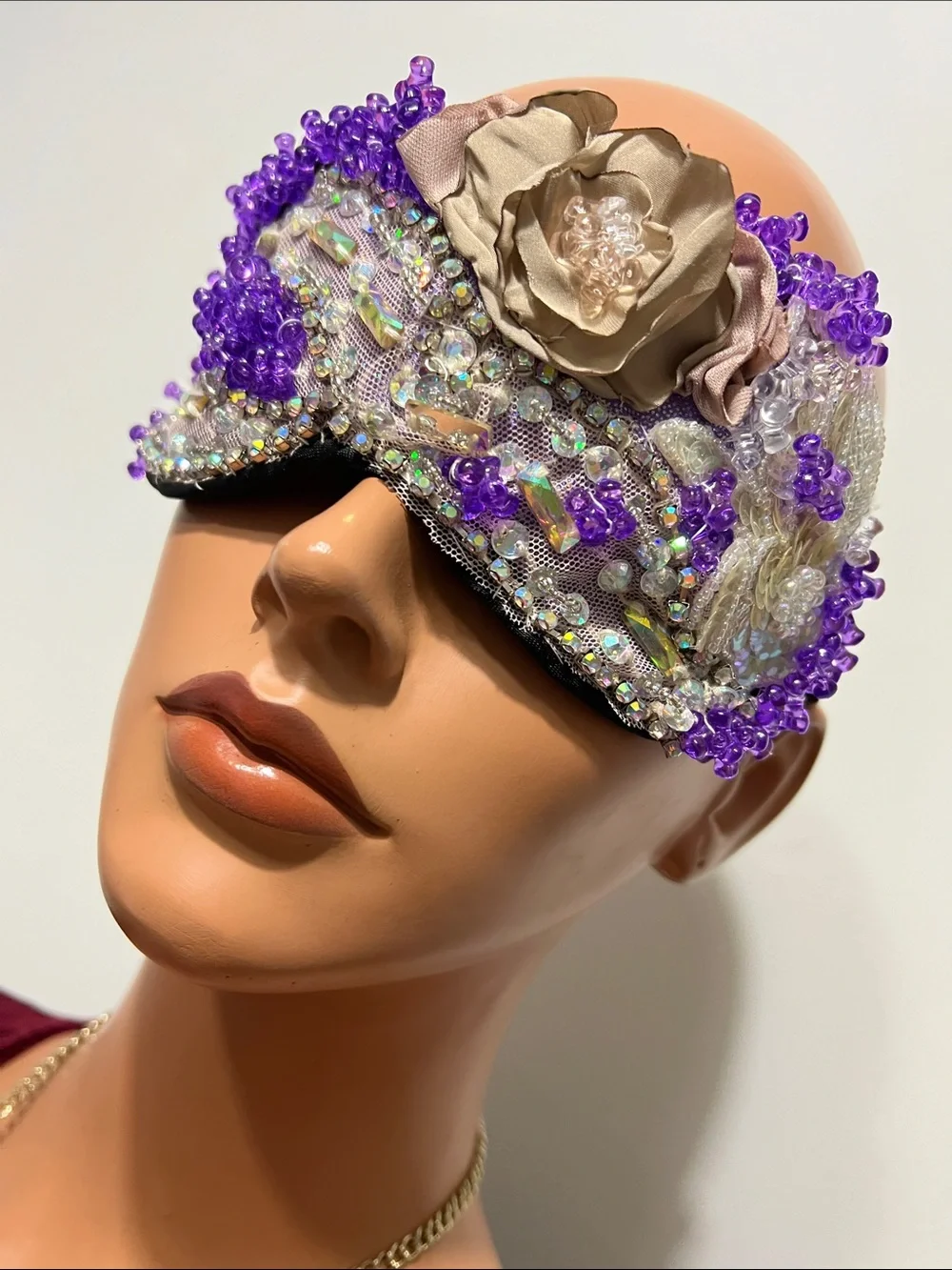 Purple Beaded Decorative Sleep Mask with Champagne Flower Accent